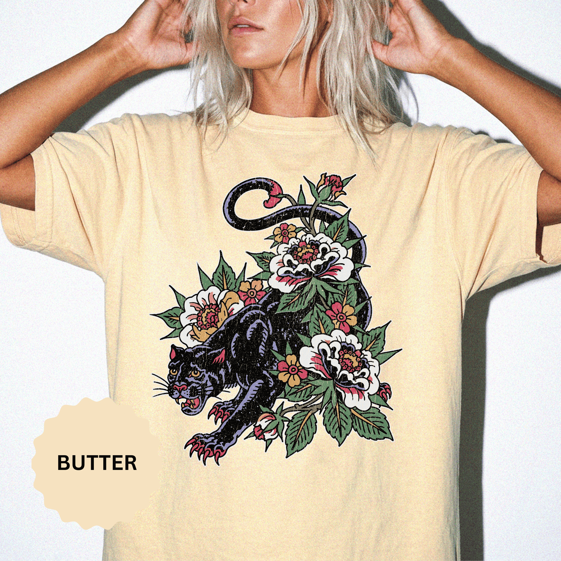 Traditional Panther Graphic Shirt, Floral Tattoo T-Shirt for Men and Women, Old School Big Cat Tee, Alternative Art Gift for Tattoo Fans