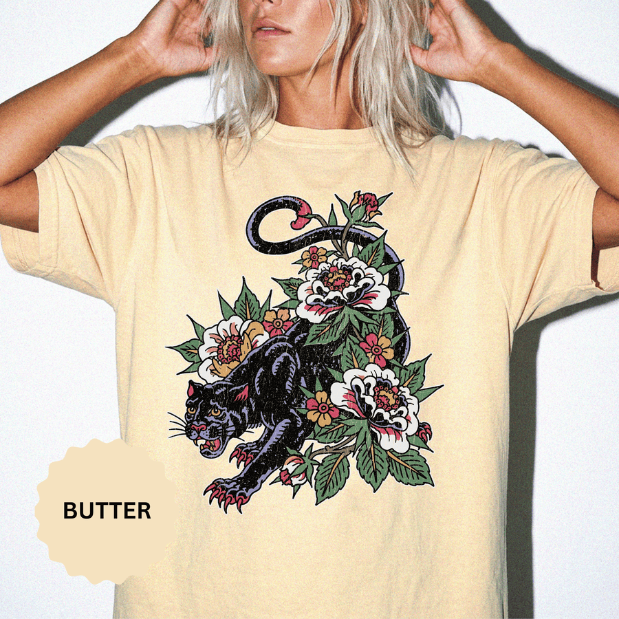 Traditional Panther Graphic Shirt, Floral Tattoo T-Shirt for Men and Women, Old School Big Cat Tee, Alternative Art Gift for Tattoo Fans
