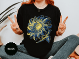 Celestial Sun Graphic Shirt, Blue and Gold Cosmic T-Shirt, Mystical Night Sky Tee, Astrology Gift for Stargazers and Dreamers, Gift Idea