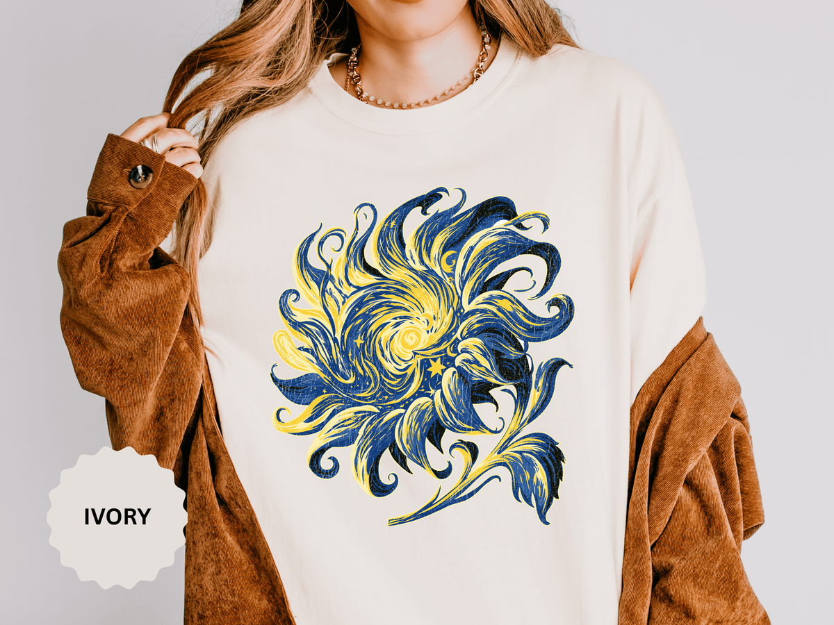 Celestial Sun Graphic Shirt, Blue and Gold Cosmic T-Shirt, Mystical Night Sky Tee, Astrology Gift for Stargazers and Dreamers, Gift Idea