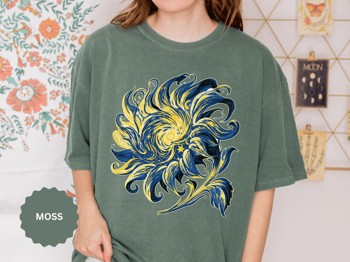 Celestial Sun Graphic Shirt, Blue and Gold Cosmic T-Shirt, Mystical Night Sky Tee, Astrology Gift for Stargazers and Dreamers, Gift Idea