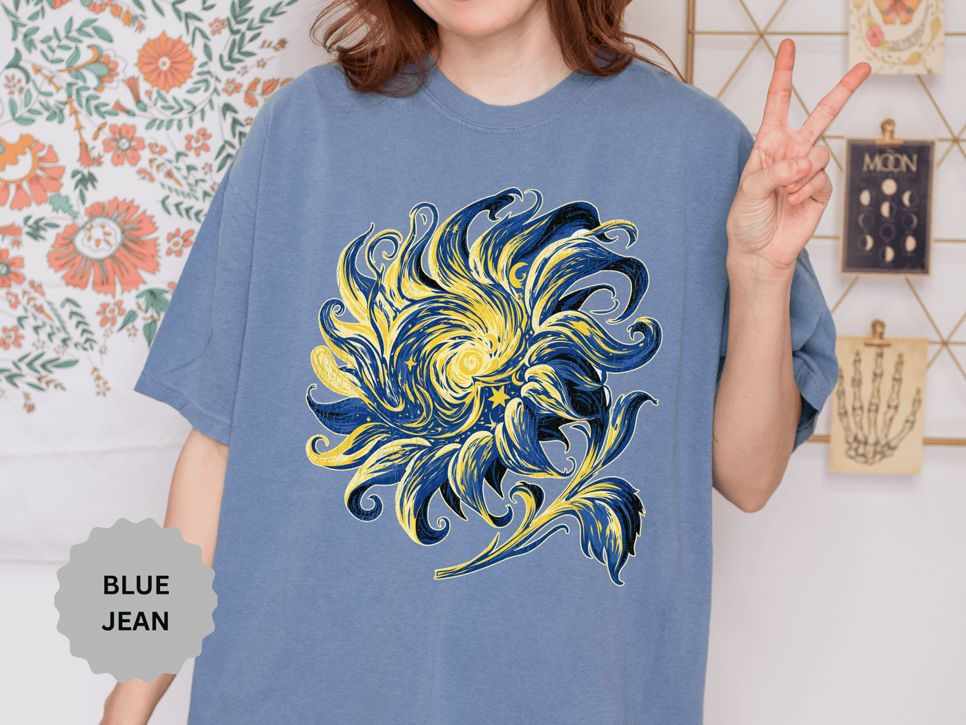 Celestial Sun Graphic Shirt, Blue and Gold Cosmic T-Shirt, Mystical Night Sky Tee, Astrology Gift for Stargazers and Dreamers, Gift Idea
