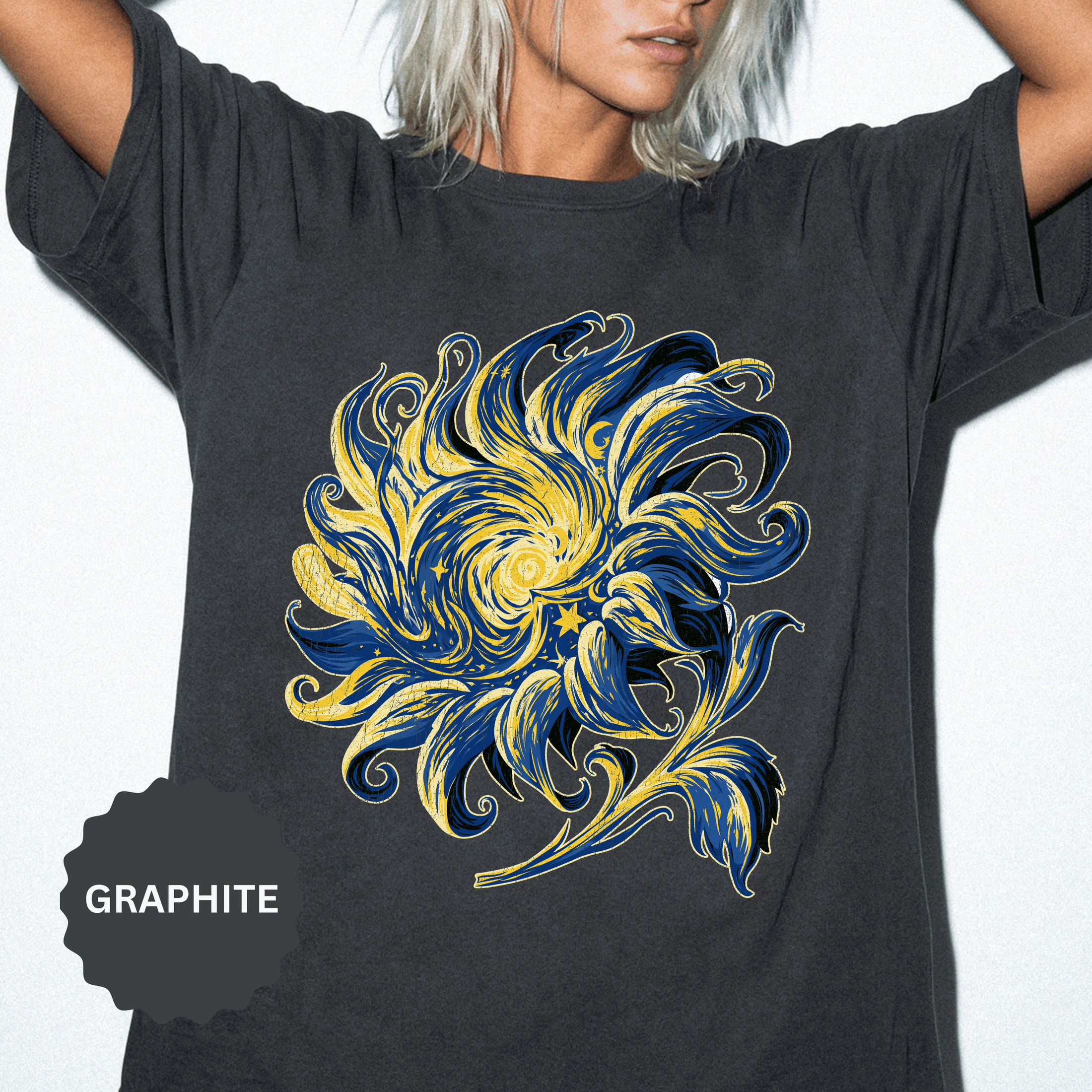 Celestial Sun Graphic Shirt, Blue and Gold Cosmic T-Shirt, Mystical Night Sky Tee, Astrology Gift for Stargazers and Dreamers, Gift Idea