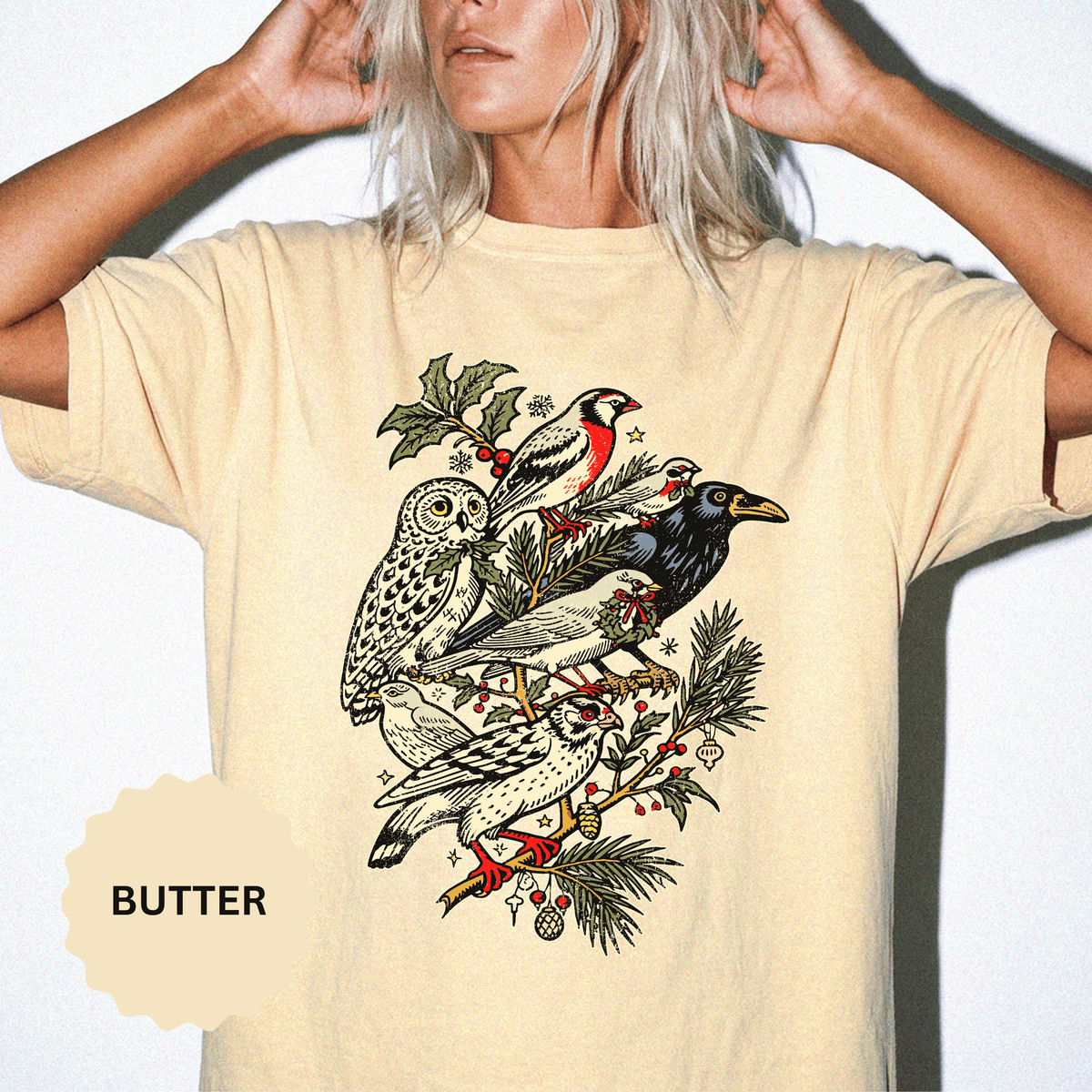 Winter Birds Graphic Shirt, Vintage Woodland T-Shirt for Bird Lovers, Festive Nature Tee, Cozy Christmas Gift for Birdwatchers and Moms