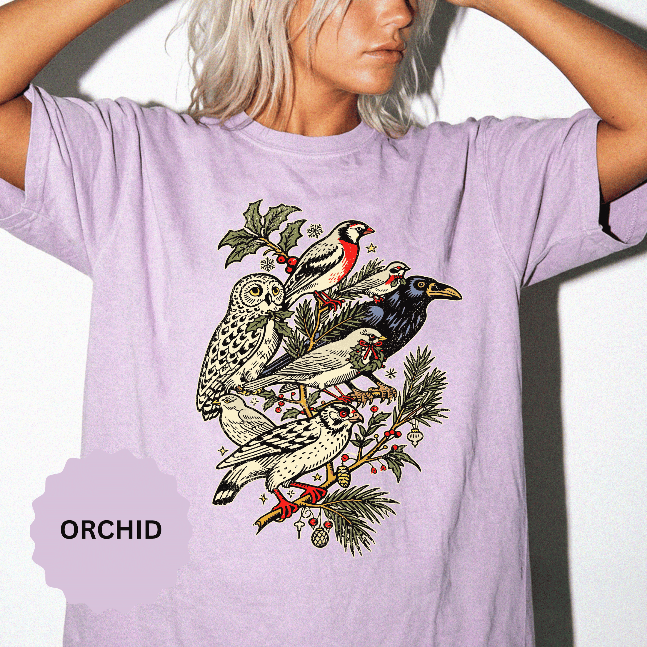 Winter Birds Graphic Shirt, Vintage Woodland T-Shirt for Bird Lovers, Festive Nature Tee, Cozy Christmas Gift for Birdwatchers and Moms