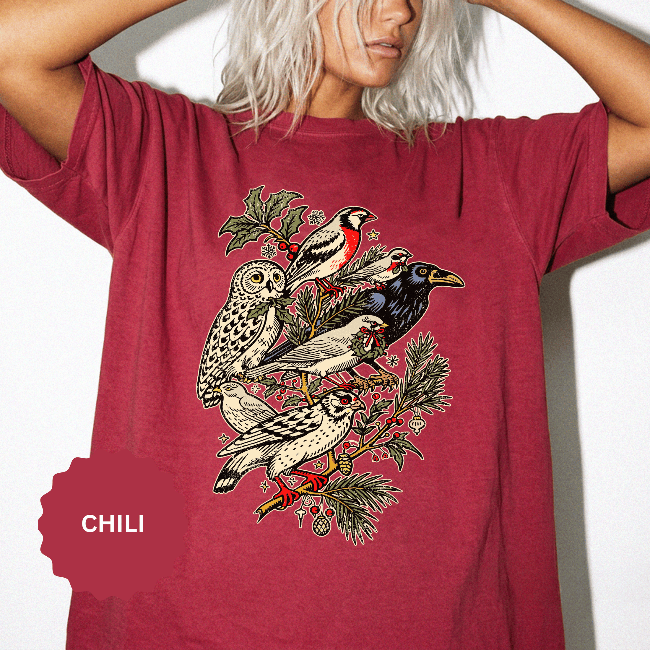 Winter Birds Graphic Shirt, Vintage Woodland T-Shirt for Bird Lovers, Festive Nature Tee, Cozy Christmas Gift for Birdwatchers and Moms