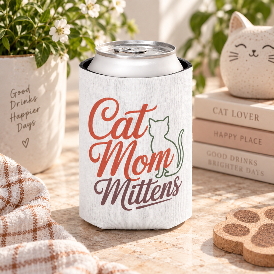 A white foam can cooler printed with a Cat Mom Mittens design in red, green, and brown, holding a beverage can, styled on a table with books and a cat figurine.