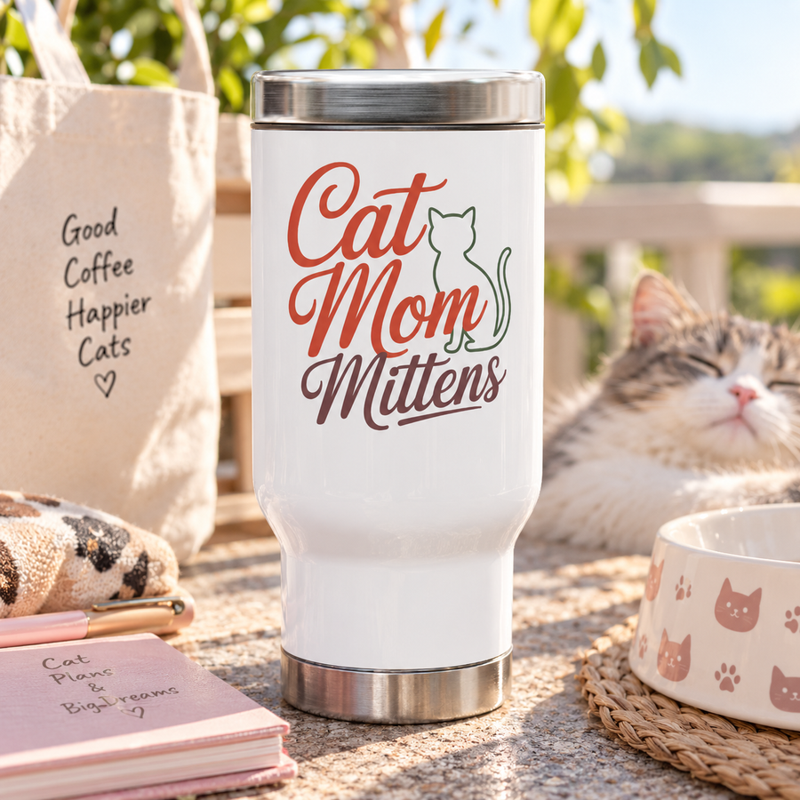 White stainless steel travel mug with a silver lid printed with 'Cat Mom Mittens' text next to a cat silhouette.