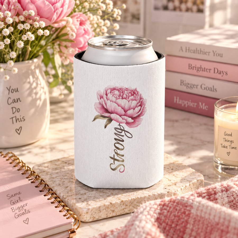 A white foam can cooler printed with a pink peony flower and the word 'Strong' in gold script, holding a beverage can, styled on a table with books and flowers.