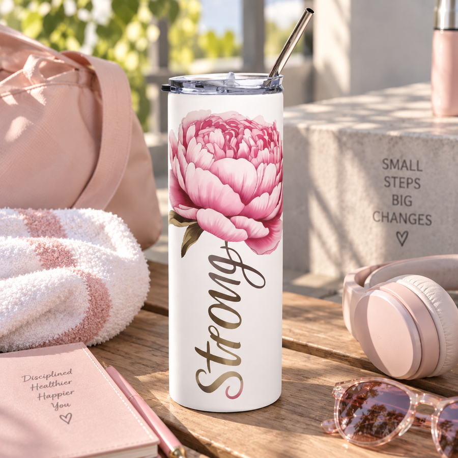 Floral Skinny Tumbler, Pink Peony Travel Mug, Inspirational Gift for Women, Summer Party Favor, Flower Lover Gift, Everyday Drinkware