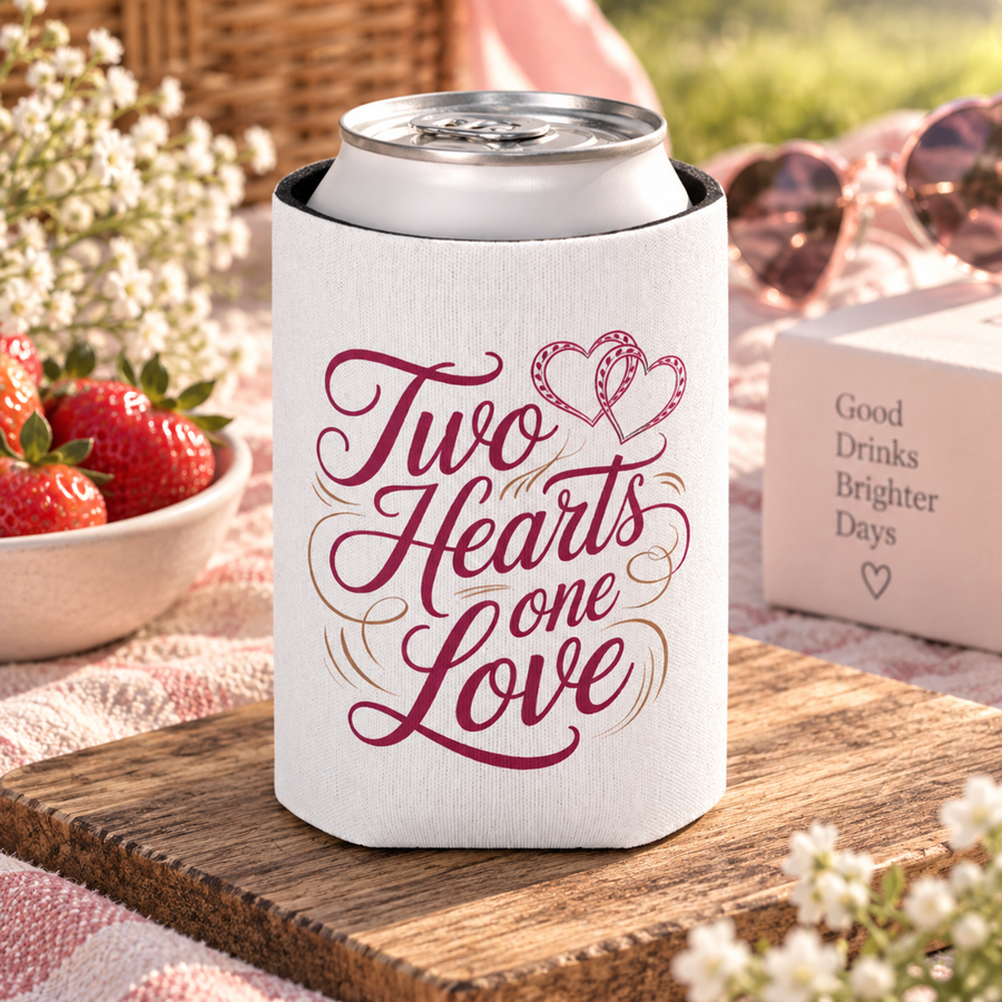 A white foam can cooler printed with 'Two Hearts one Love' in maroon script and a heart design, holding a beverage can, on a plain background.