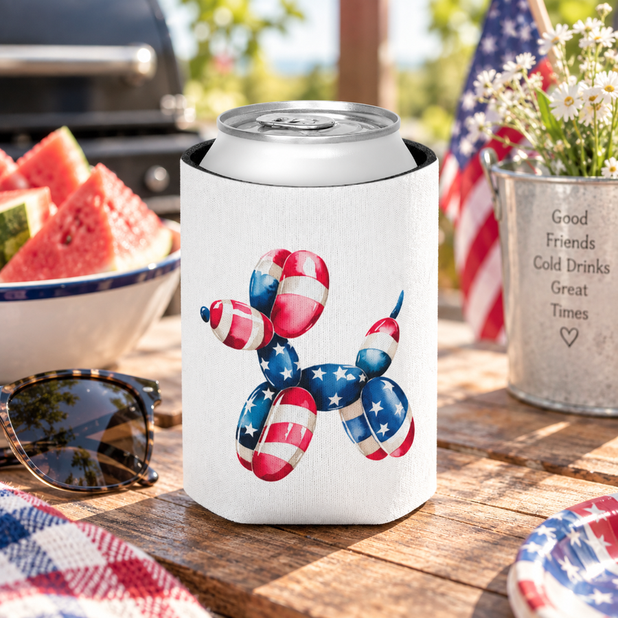Patriotic Balloon Dog Can Cooler, 4th of July Beer Holder, American Flag Drink Sleeve, Red White Blue Party Favor, Dog Lover Gift