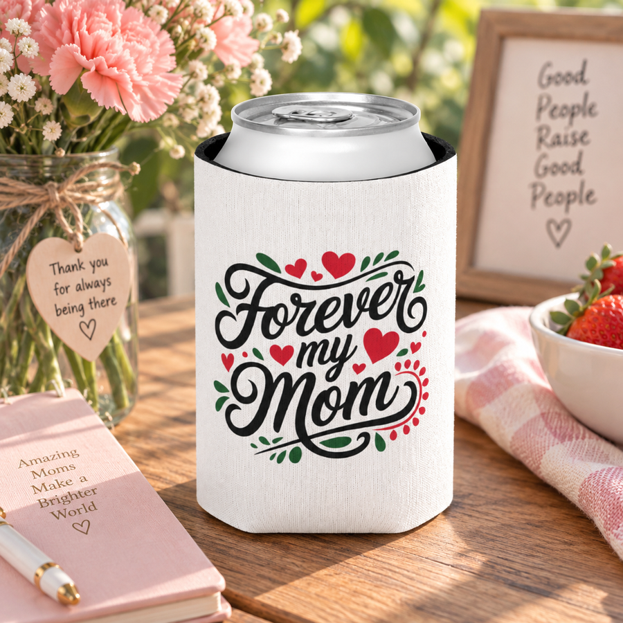 A white foam can cooler printed with 'Forever my Mom' in black script surrounded by red hearts and green leaves, holding a beverage can.