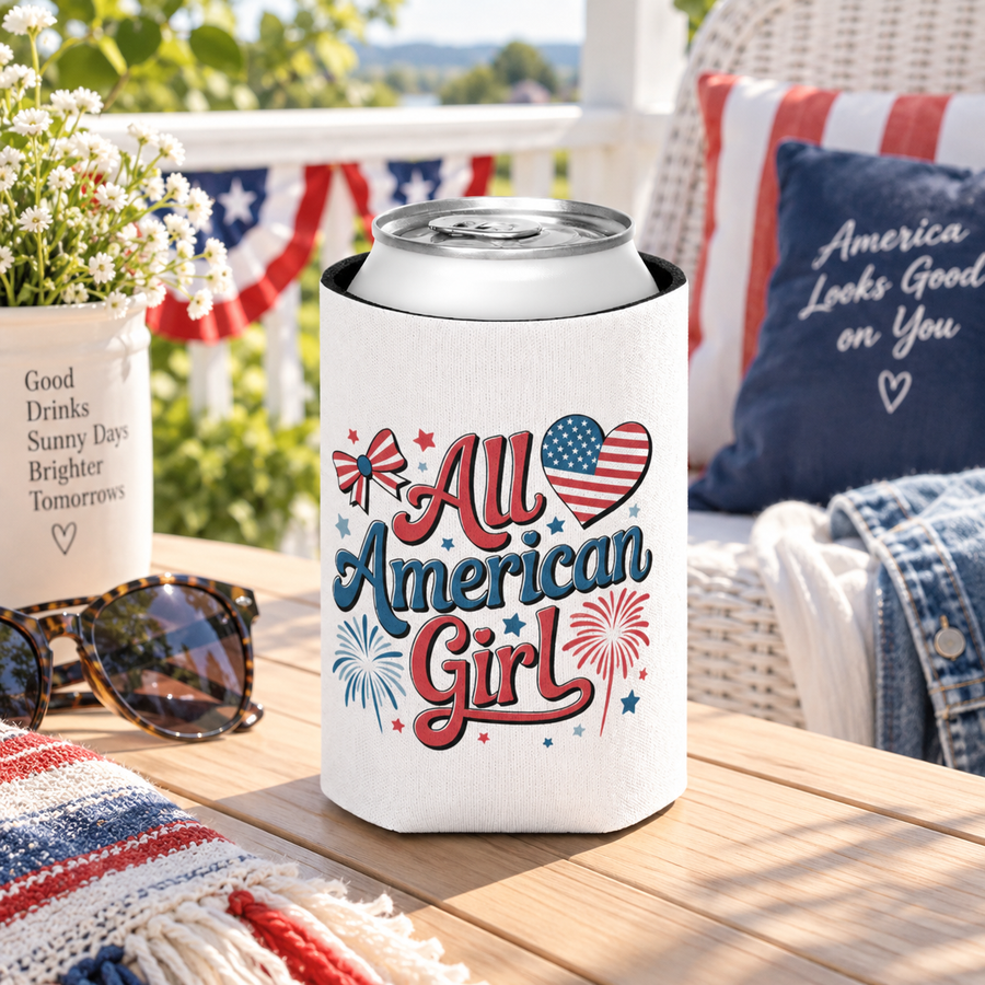 All American Girl Can Cooler, Patriotic Beer Holder for Women, 4th of July Drink Sleeve, USA Party Favor, Summer BBQ Gift, American Girl