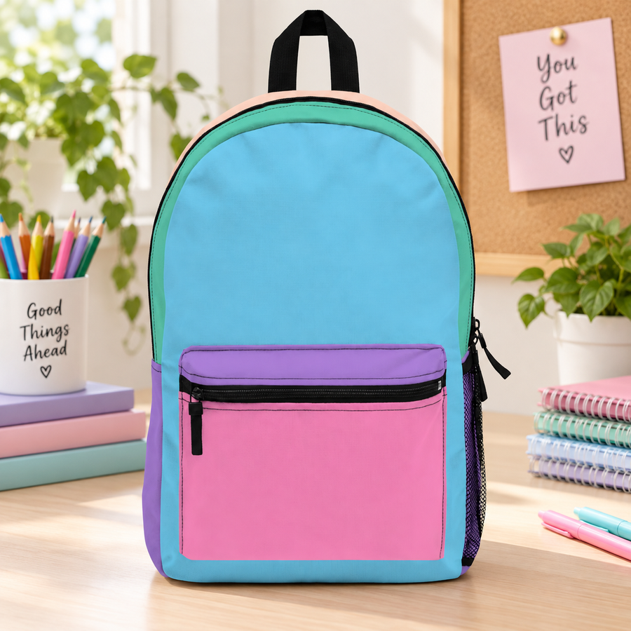 A colorblock kids backpack in blue, pink, purple, green, and peach, with a front zip pocket, mesh side pocket, and adjustable padded straps, styled on a desk with school supplies.