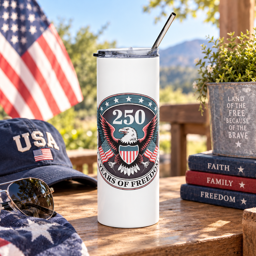 America 250 Skinny Tumbler, 250 Years of Freedom Travel Cup, Patriotic USA Drinkware, 4th of July Gift, American Eagle, Summer Party