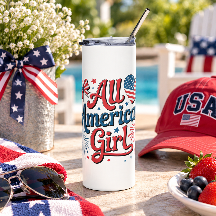 All American Girl Skinny Tumbler, Patriotic Travel Cup for Women, 4th of July Drinkware, USA Gift for Her, Summer Party Cup, Red White Blue