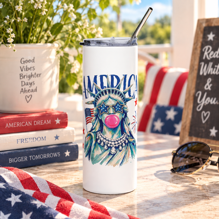 Patriotic Statue of Liberty Skinny Tumbler, 4th of July Travel Cup, American Flag Drinkware, USA Gift for Her, Summer Party Cup