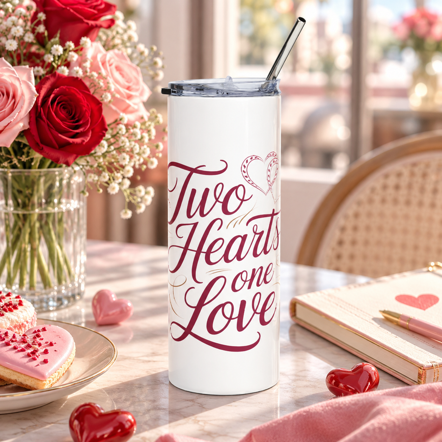 Two Hearts One Love Skinny Tumbler, Romantic Travel Cup for Couples, Anniversary Gift for Wife or Husband, Wedding Gift, Date Night