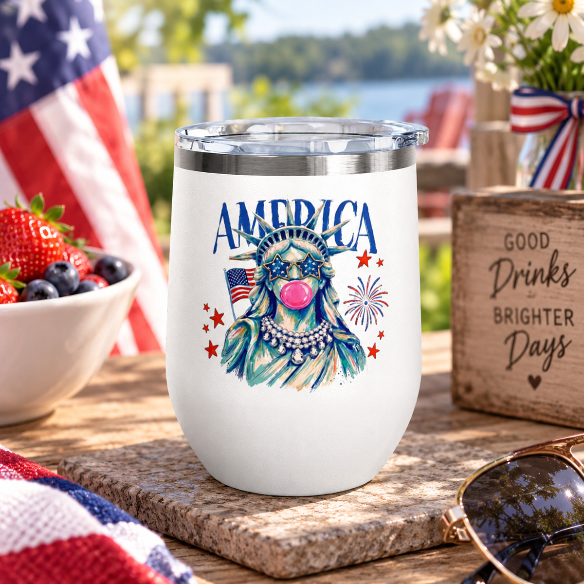 Patriotic Statue of Liberty Wine Tumbler, 4th of July Wine Cup, Lady Liberty Gift for Women, American Flag Drinkware, USA Summer Gift