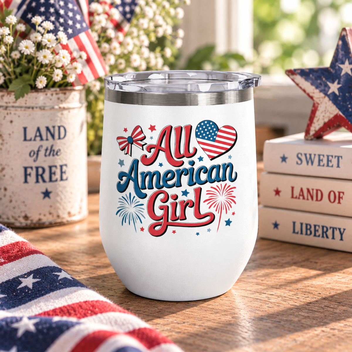 All American Girl Wine Tumbler, Patriotic Drinkware for Women, 4th of July Wine Cup, USA Gift for Her, Summer Party Favor, American Pride