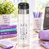 A clear Tritan water bottle with a black screw-on lid and straw, printed with gymnast silhouettes, stars, trophies, and the message 'Stronger Every Day, Better Every Move.'