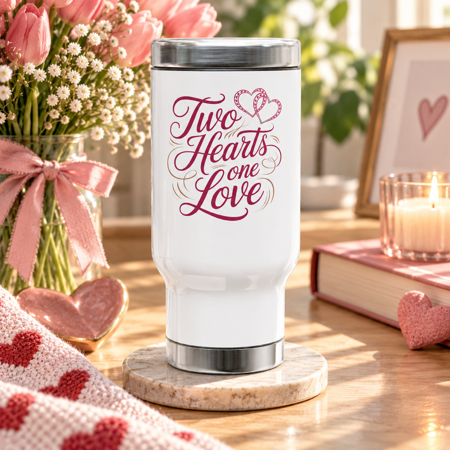 White stainless steel travel mug printed with two interlocking hearts above 'Two Hearts One Love' script text.