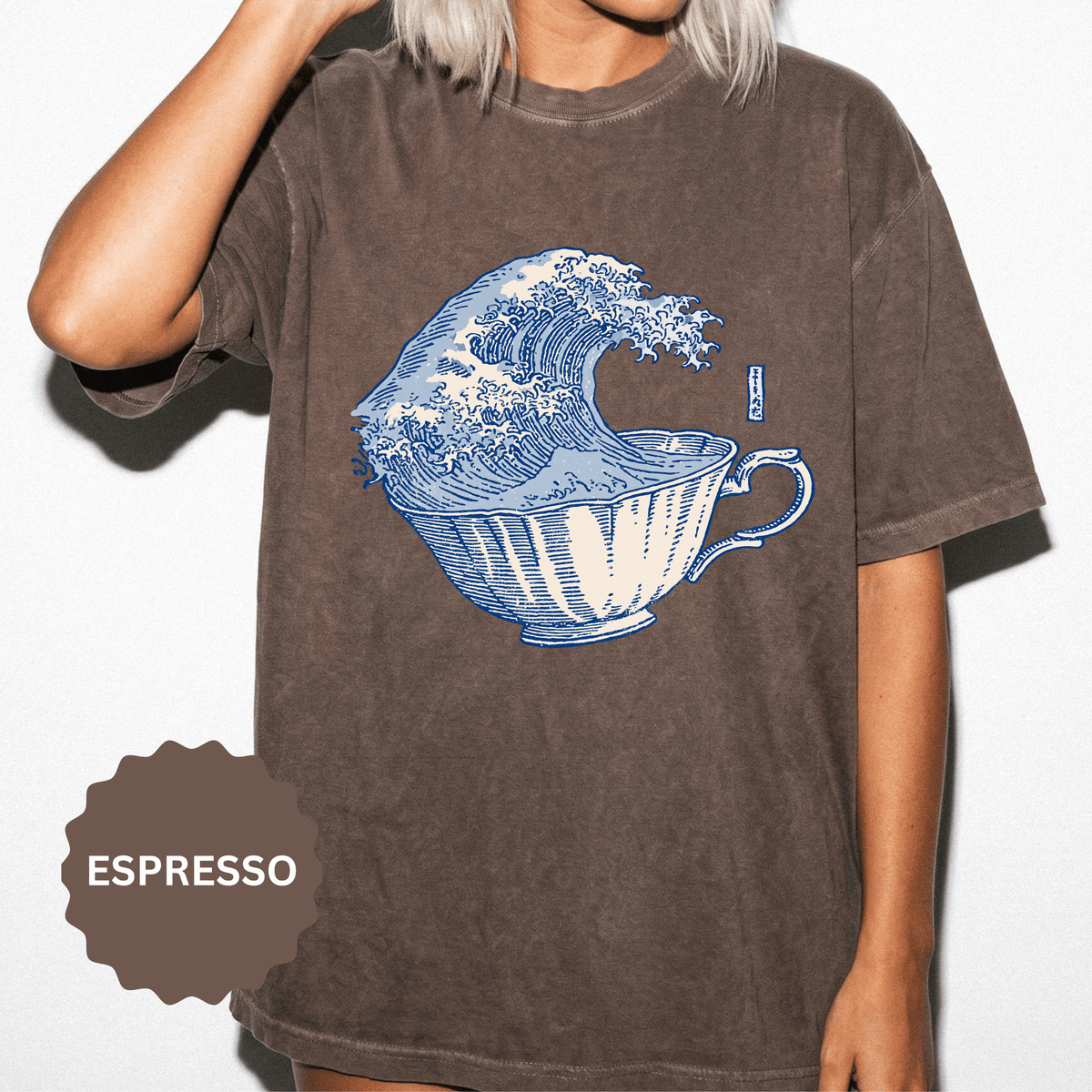 Great Wave Teacup Shirt, Japanese Art Inspired Ocean Graphic, Gift for Tea Lovers and Coastal Art Fans, Casual Cafe Weekend Outfit