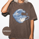 Great Wave Teacup Shirt, Japanese Art Inspired Ocean Graphic, Gift for Tea Lovers and Coastal Art Fans, Casual Cafe Weekend Outfit