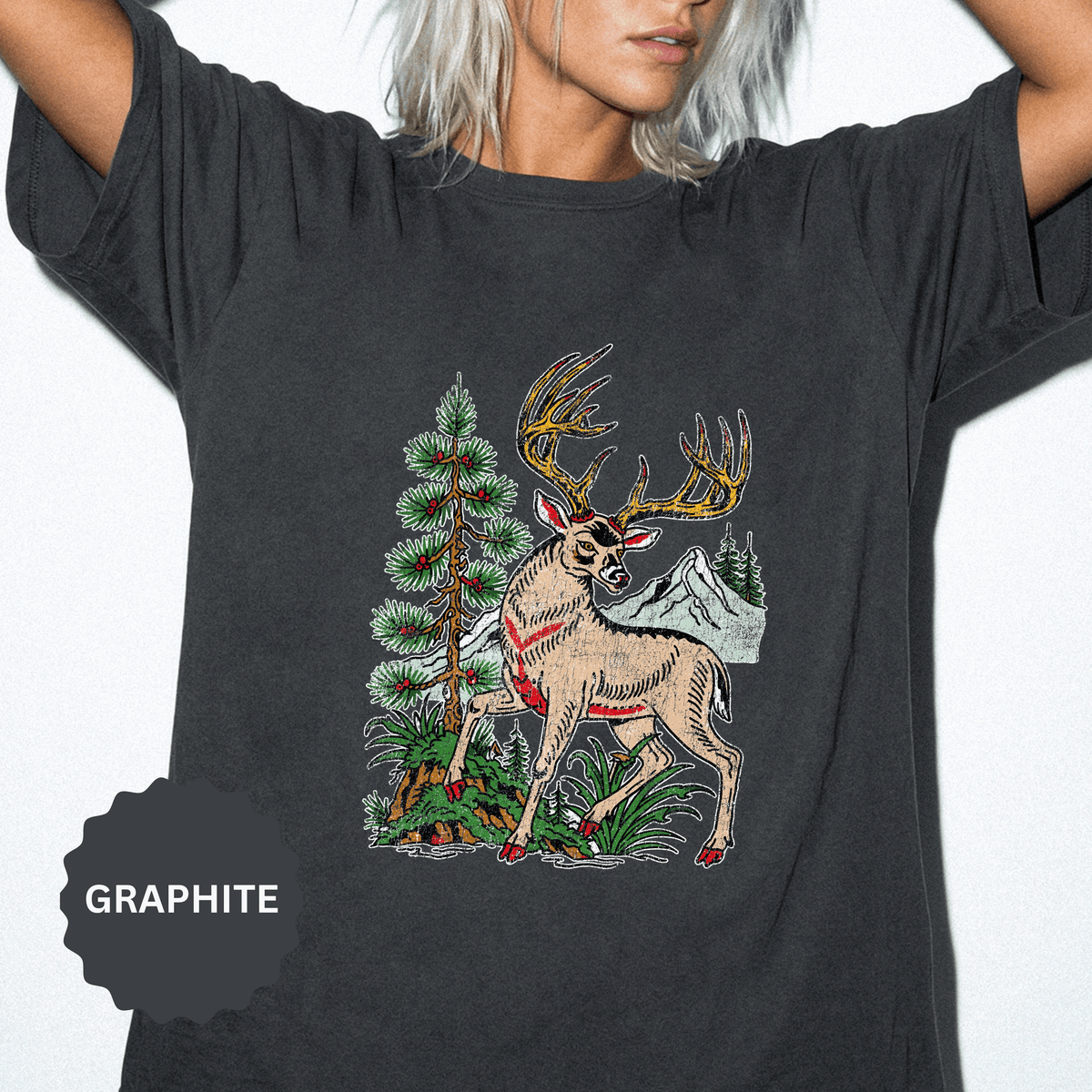 Woodland Deer Shirt, Rustic Stag and Mountain Graphic, Gift for Wildlife Lovers and Hikers, Forest Inspired Cabin Weekend Clothing