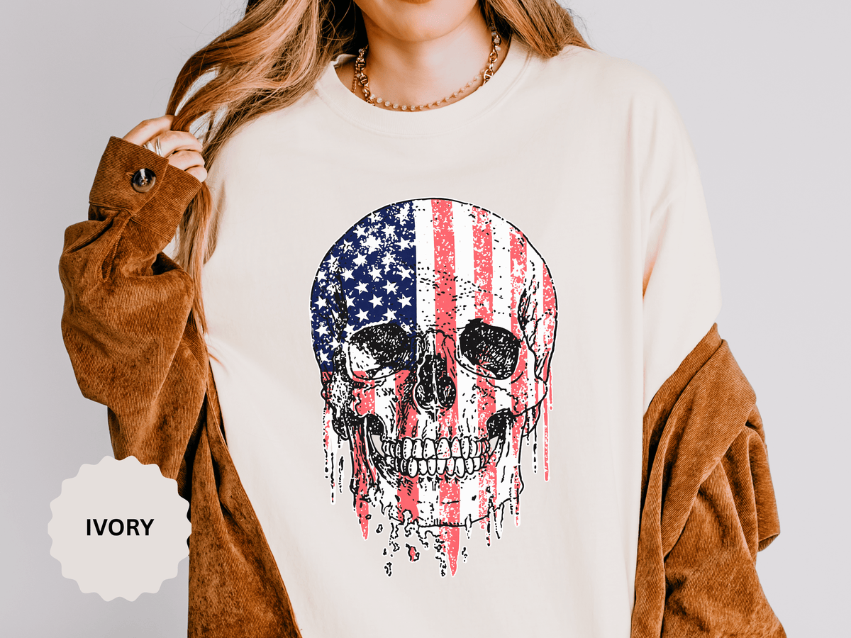 American Flag Skull Shirt, Distressed Patriotic Graphic for Biker Outfits, Fourth of July Style, Birthday Gift for Skull Art Lovers