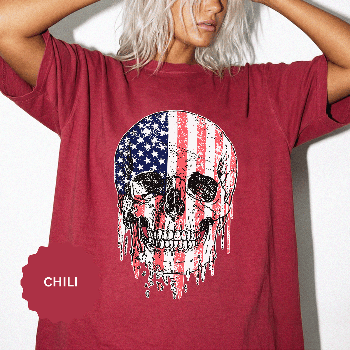 American Flag Skull Shirt, Distressed Patriotic Graphic for Biker Outfits, Fourth of July Style, Birthday Gift for Skull Art Lovers
