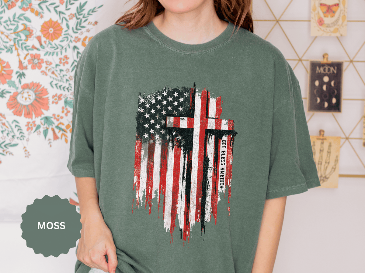 God Bless America Shirt, Distressed American Flag and Cross Graphic, Patriotic Christian Gift for Church Events and Everyday Faith