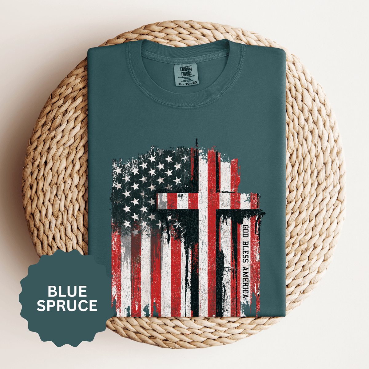 God Bless America Shirt, Distressed American Flag and Cross Graphic, Patriotic Christian Gift for Church Events and Everyday Faith