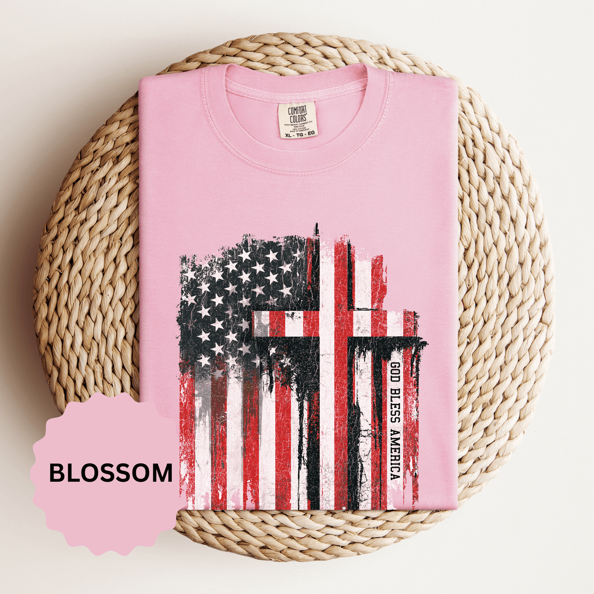 God Bless America Shirt, Distressed American Flag and Cross Graphic, Patriotic Christian Gift for Church Events and Everyday Faith