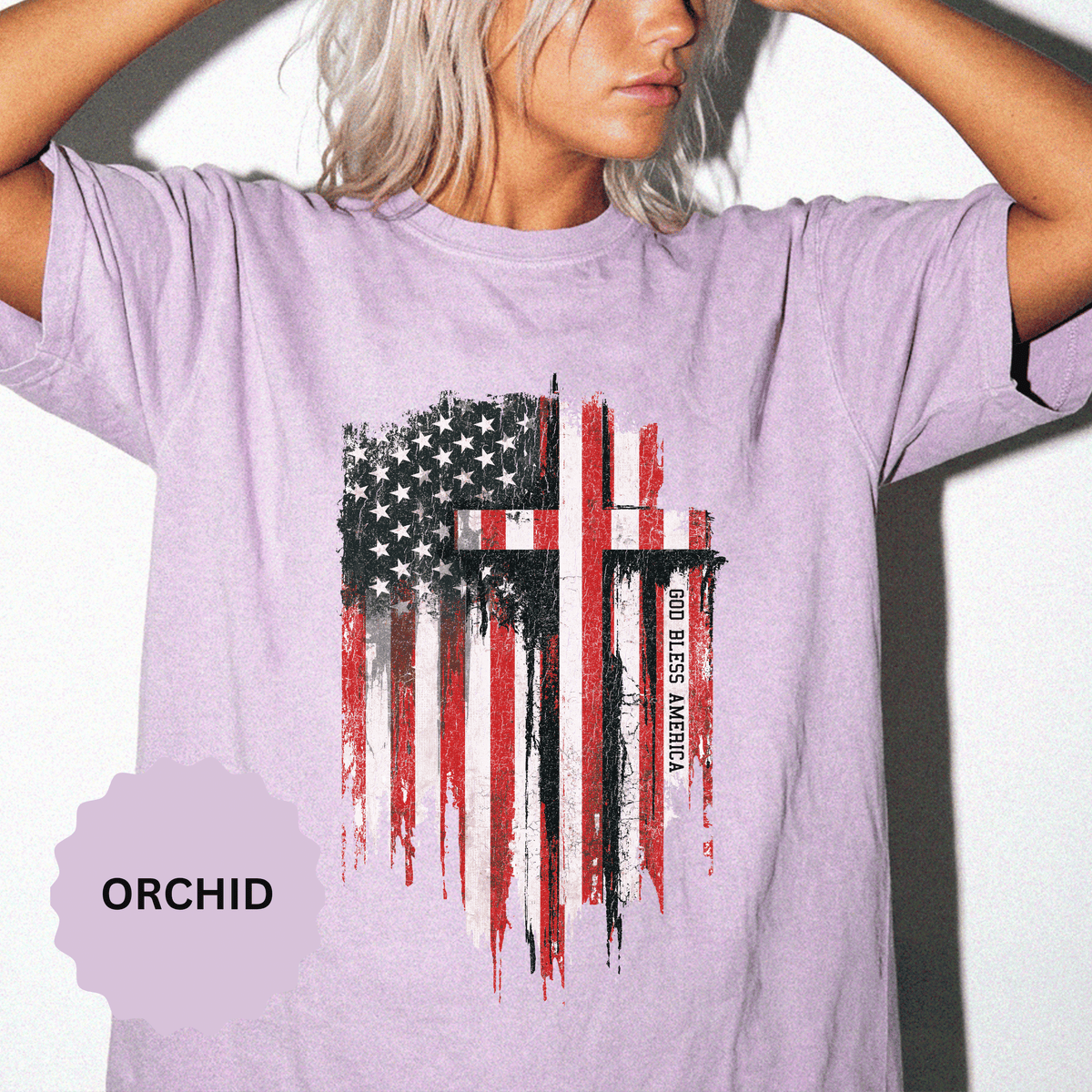 God Bless America Shirt, Distressed American Flag and Cross Graphic, Patriotic Christian Gift for Church Events and Everyday Faith