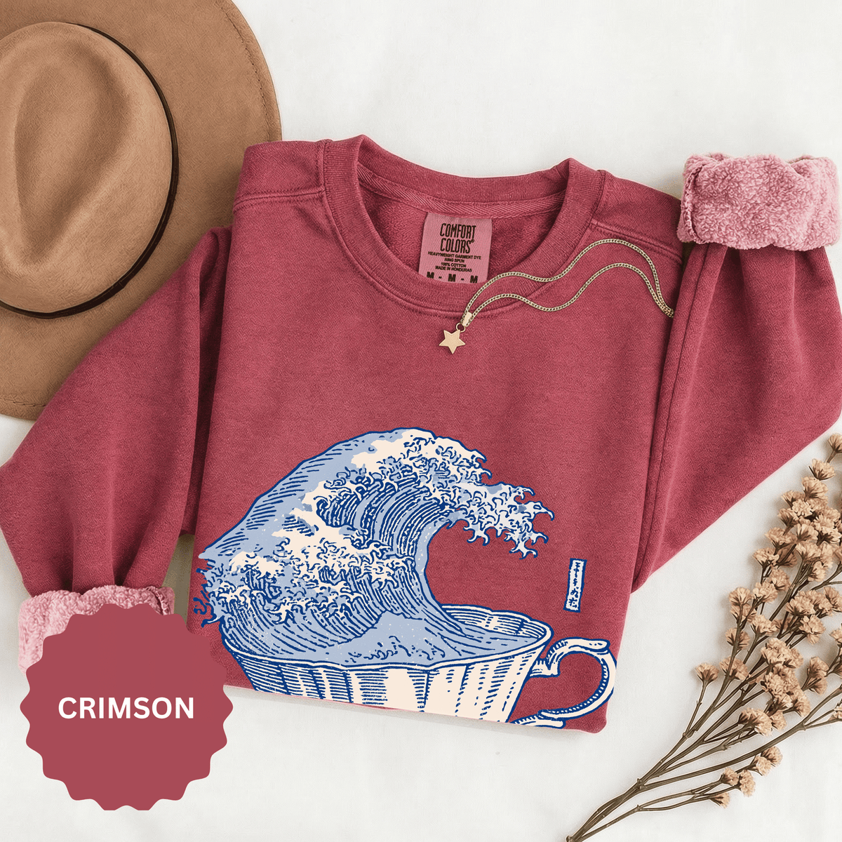 Great Wave Teacup Sweatshirt, Japanese Art Inspired Ocean Graphic, Gift for Tea Lovers and Coastal Art Fans, Casual Cafe Weekend Outfit