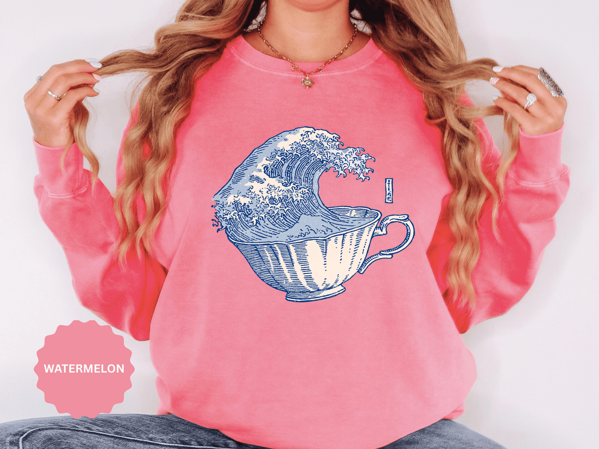 Great Wave Teacup Sweatshirt, Japanese Art Inspired Ocean Graphic, Gift for Tea Lovers and Coastal Art Fans, Casual Cafe Weekend Outfit