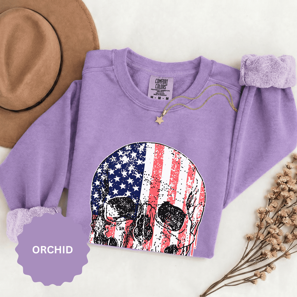 American Flag Skull Sweatshirt, Distressed Patriotic Graphic for Biker Outfits, Fourth of July Style, Birthday Gift for Skull Art Lovers