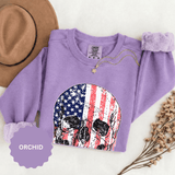 American Flag Skull Sweatshirt, Distressed Patriotic Graphic for Biker Outfits, Fourth of July Style, Birthday Gift for Skull Art Lovers