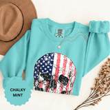 American Flag Skull Sweatshirt, Distressed Patriotic Graphic for Biker Outfits, Fourth of July Style, Birthday Gift for Skull Art Lovers
