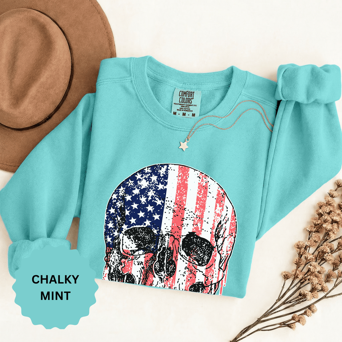 American Flag Skull Sweatshirt, Distressed Patriotic Graphic for Biker Outfits, Fourth of July Style, Birthday Gift for Skull Art Lovers