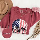 American Flag Skull Sweatshirt, Distressed Patriotic Graphic for Biker Outfits, Fourth of July Style, Birthday Gift for Skull Art Lovers