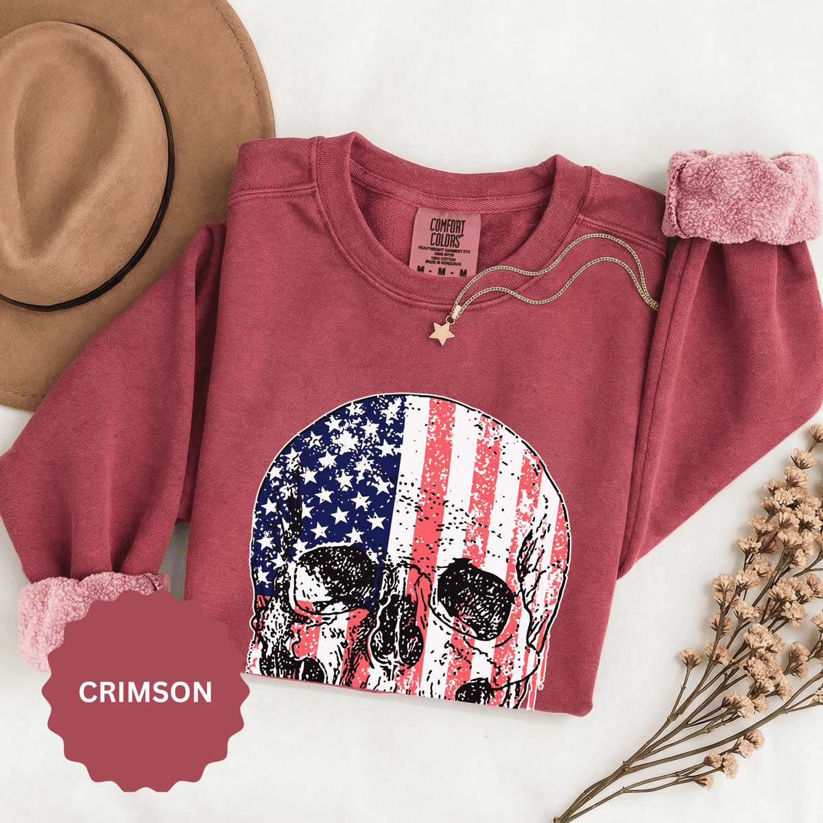 American Flag Skull Sweatshirt, Distressed Patriotic Graphic for Biker Outfits, Fourth of July Style, Birthday Gift for Skull Art Lovers