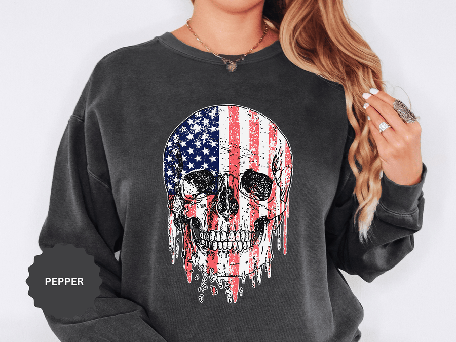 American Flag Skull Sweatshirt, Distressed Patriotic Graphic for Biker Outfits, Fourth of July Style, Birthday Gift for Skull Art Lovers