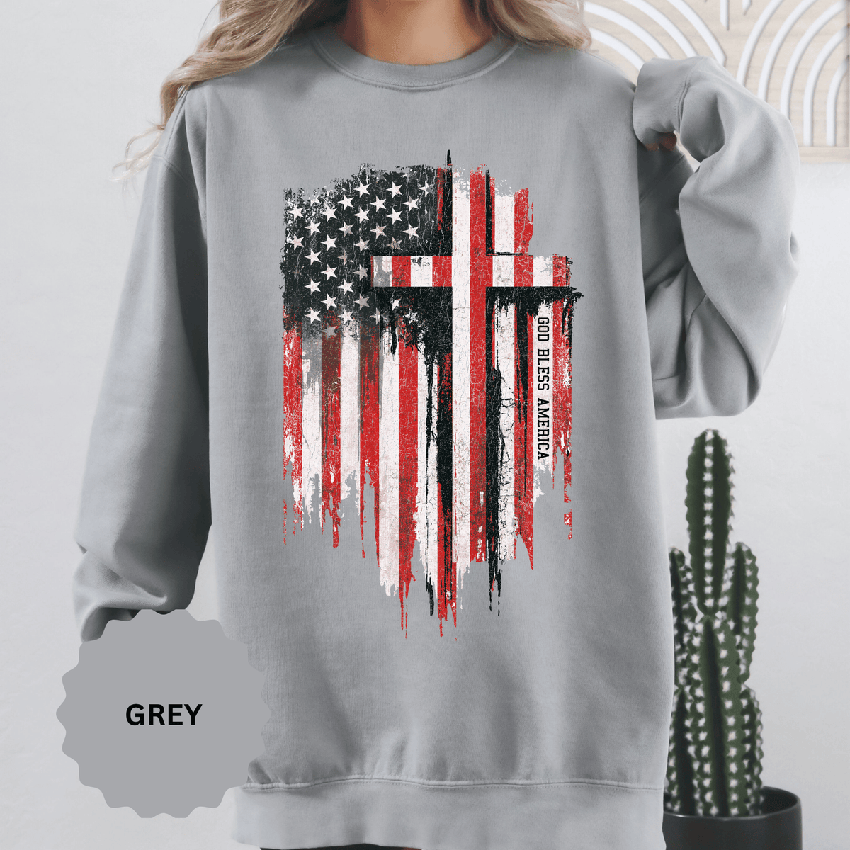 God Bless America Sweatshirt, Distressed American Flag and Cross Graphic, Patriotic Christian Gift for Church Events and Everyday Faith