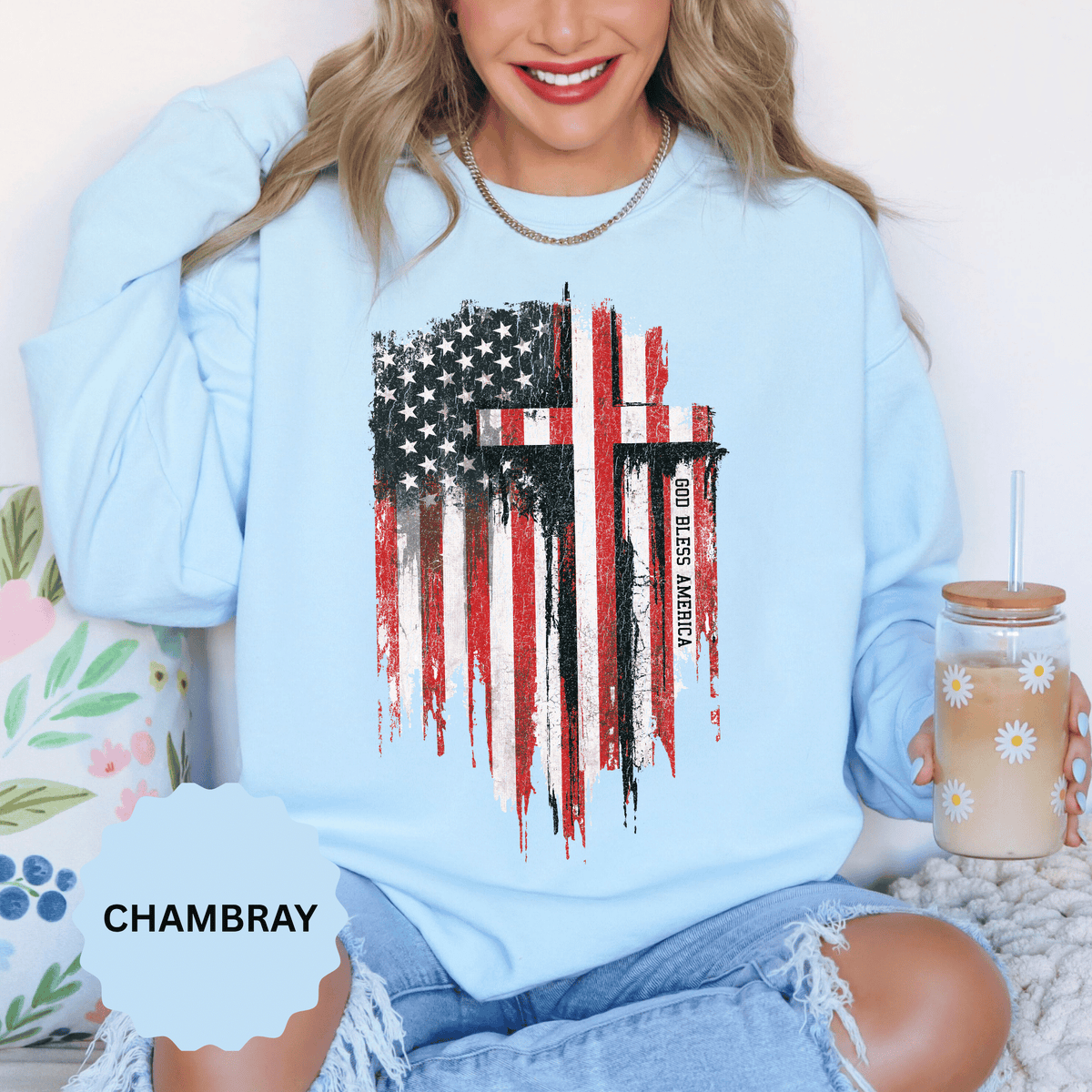 God Bless America Sweatshirt, Distressed American Flag and Cross Graphic, Patriotic Christian Gift for Church Events and Everyday Faith