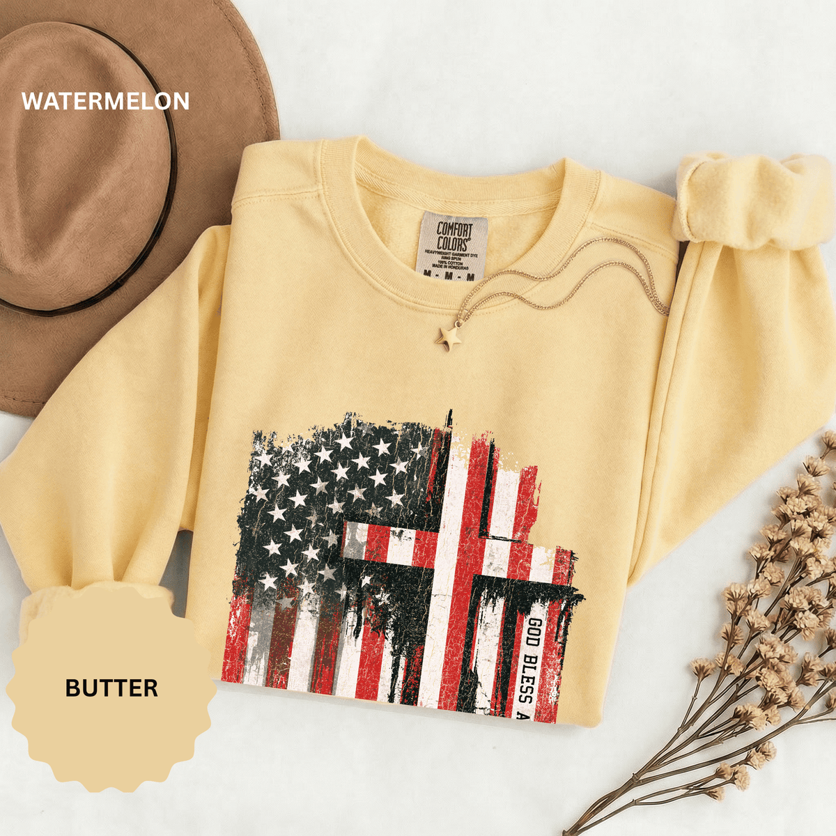 God Bless America Sweatshirt, Distressed American Flag and Cross Graphic, Patriotic Christian Gift for Church Events and Everyday Faith