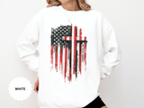 God Bless America Sweatshirt, Distressed American Flag and Cross Graphic, Patriotic Christian Gift for Church Events and Everyday Faith