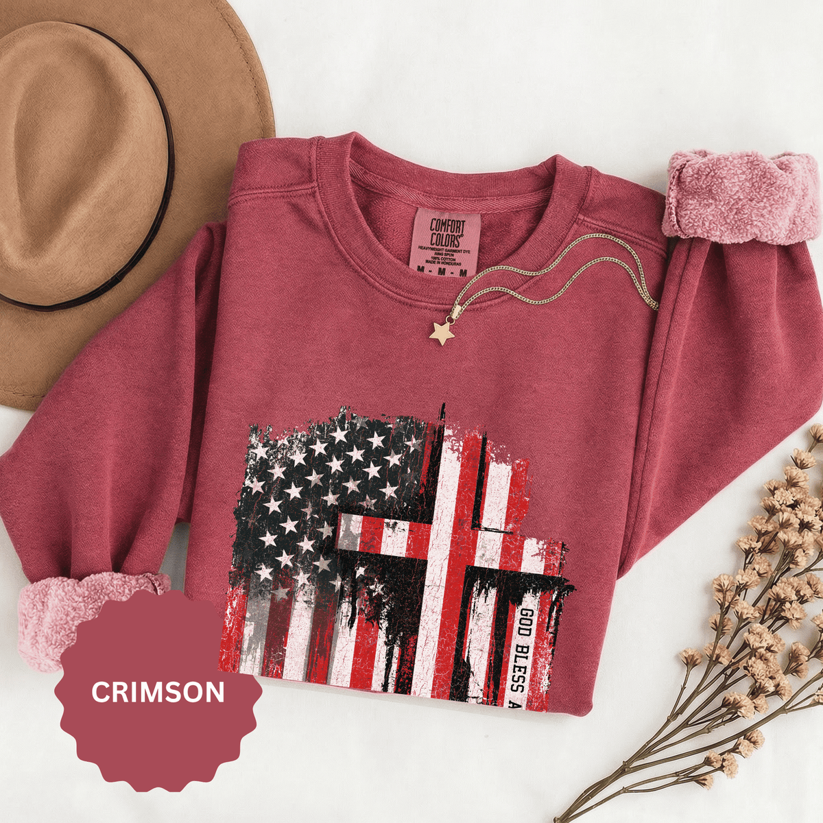 God Bless America Sweatshirt, Distressed American Flag and Cross Graphic, Patriotic Christian Gift for Church Events and Everyday Faith